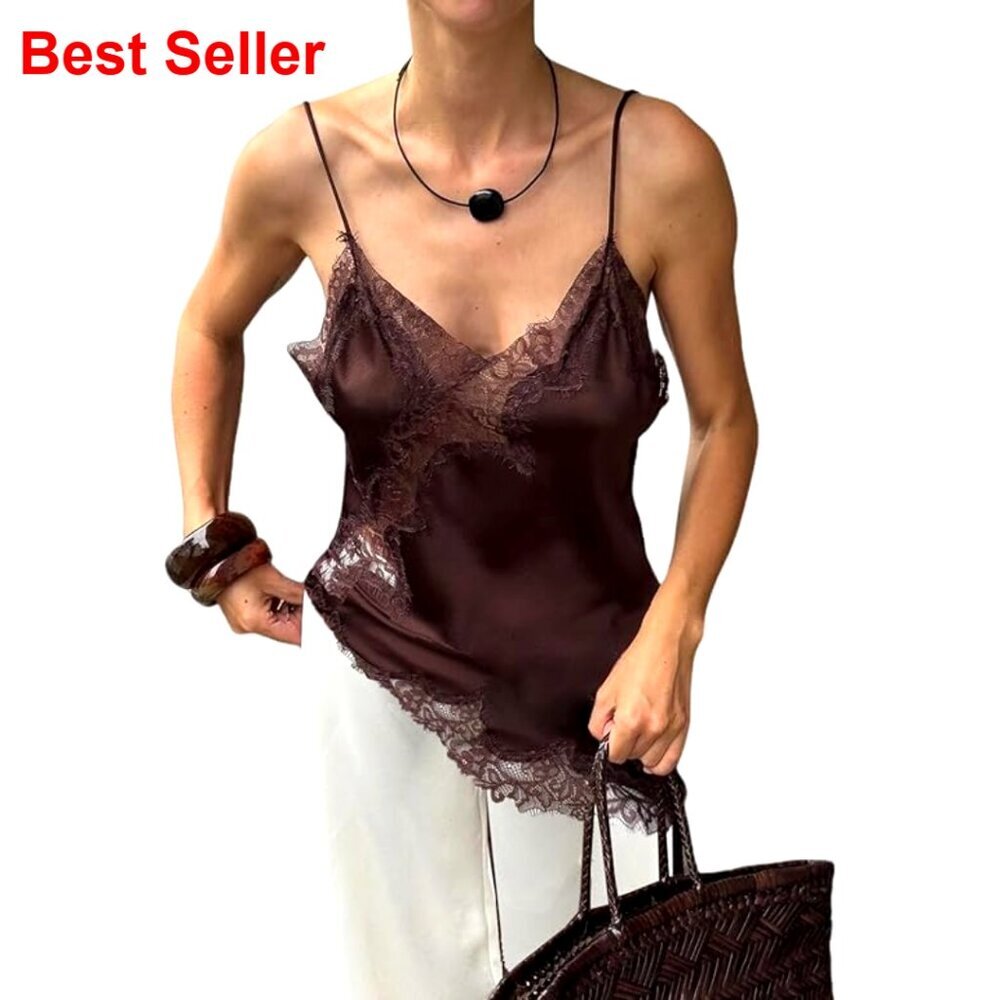 Silk Lace Trim Camisole Top Satin Asymmetrical Backless Spaghetti Strap
